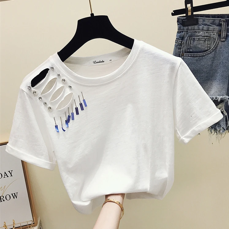 Новинка, Женская свободная футболка в Корейском стиле, 2XL, женские футболки с дырками, топы для студентов, футболка с короткими рукавами, топы, одежда