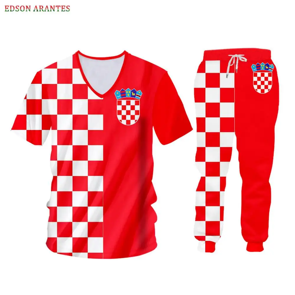 v neck tees set Пользовательские S-6XL флаг Хорватии мужские наборы спортивной одежды Роскошные 3d красные белые сетки печати молнии куртки с капюшоном футболка майка бегунов Брюки - Цвет: v neck tees set