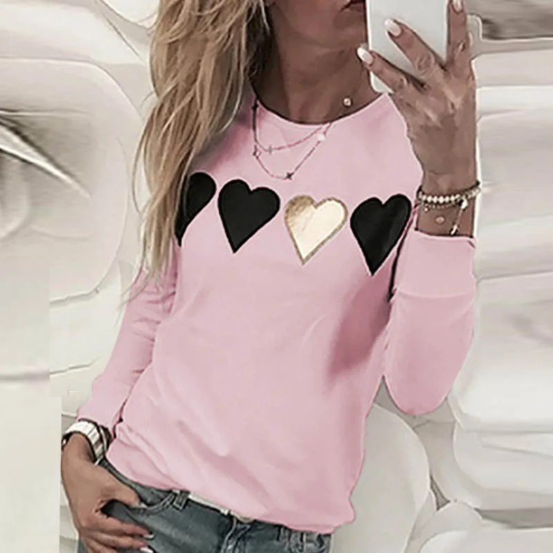 Pink hearts Женская блуза с узором в виде сердца, Kawaii, Женская Осенняя блуза с блестками и принтом в виде губ, пуловер с длинным рукавом, Женские повседневные топы с круглым вырезом - Цвет: Pink hearts