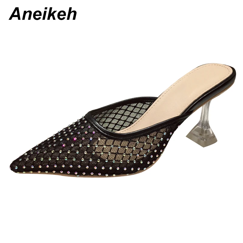 

Aneikeh Spring Bling Mesh Slippers Women Beach Perspex High Heels Sandals Slides Pointed end Elegant Solid Ladies Shoes Size 39