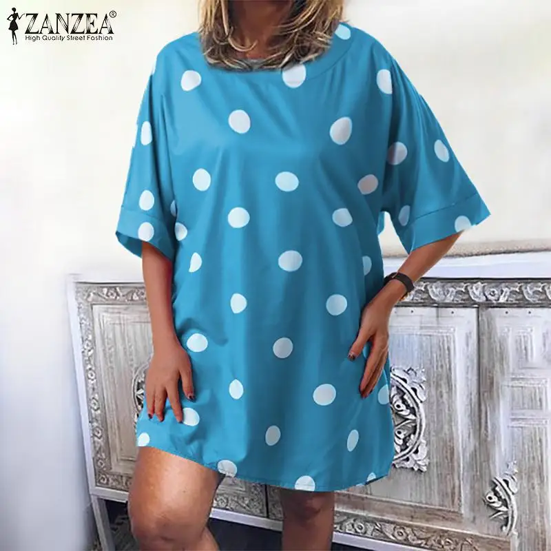 ZANZEA Повседневная рубашка Vestidos летнее короткое платье Модные женские вечерние платья с коротким рукавом в горошек мини-сарафан Femme Robe