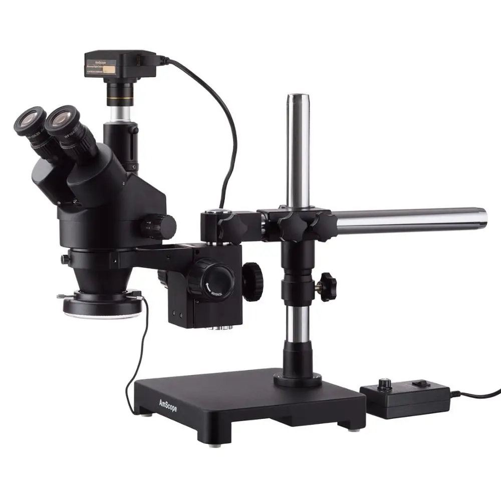 AmScope 7X-45X Black Trinocular Stereo Zoom Microscope on Single Arm Boom Stand + 144 LED Ring-light with 3MP USB3.0 Camera | Инструменты
