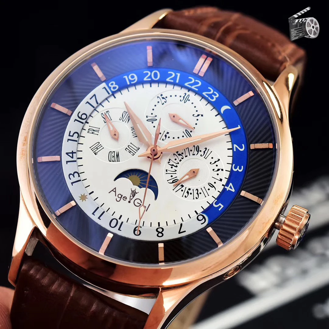 

Luxury Brand New Automatic Mechanical Men Watch Sapphire Transparent Glass Back Moon Phase Rose Gold Black Leather Silver AAA+