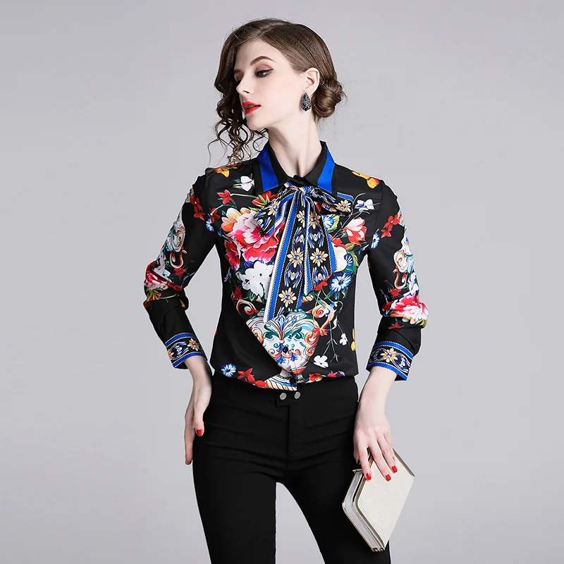 

2019 New Runway Bow Vintage Chiffon Printed Shirts Top Women Feminina Casual Flower Floral Blouses OL Work Wear Business blusa