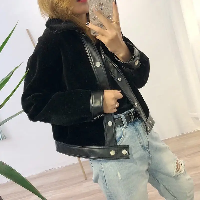 

2019 Winter Women Real Fur Coat Sheep Shearing Jacket Female Thichen Genuine Wool Blends Moto Jacket Abrigos Mujer Invierno K355