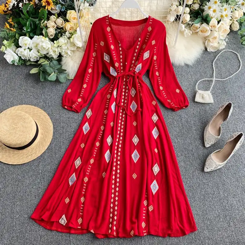

New Fall Women Casual Embroidery Diamond Pattern Swing A-line Dress Ladies Urban Drawstring Slim Holiday Euro Long Dress