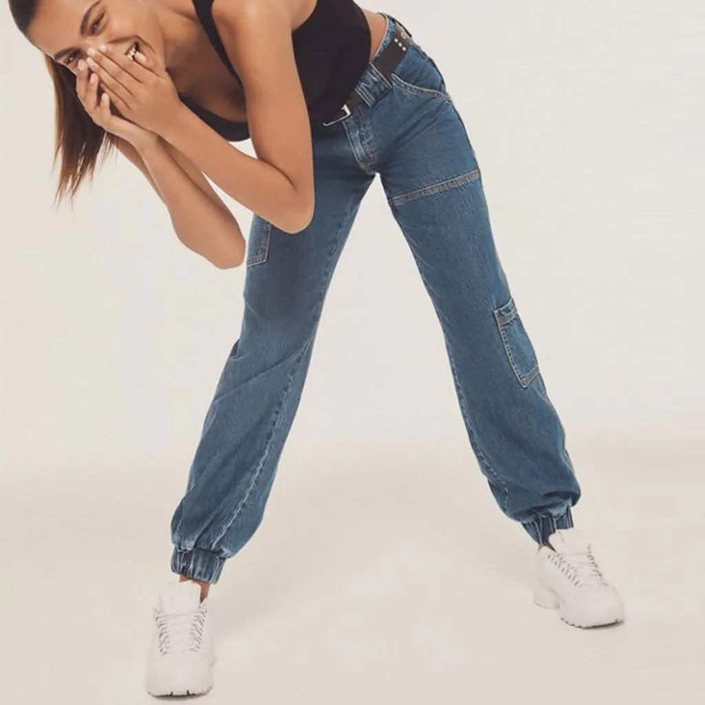 Модные женские джинсы с карманами Джинсы для женщин в стиле бойфренд из кусков деним женские со средней талией сплайсированные сексуальные свободные шаровары джинсы S10