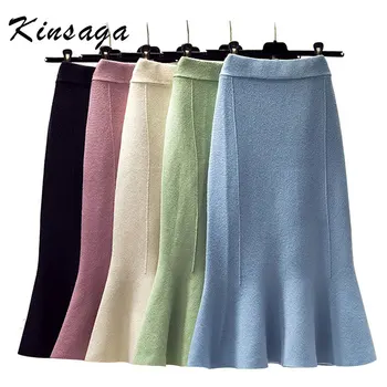 

Kinsaga Women High Waist Solid Mermaid Knitted Skirts Spring Autumn Elegant Streetwear Maxi Skirts For Womans Saias Jupe Femme