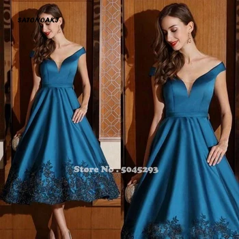 

SATONOAKI Vintage Tea Length Off the Shoulder Formal Evening Gowns A Line Satin Lace Appliqued Short Prom Dress Party Gowns
