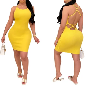 

Women Sexy Backless Solid Color Dress Summer Fashion Sleeveless Dress for Ladies