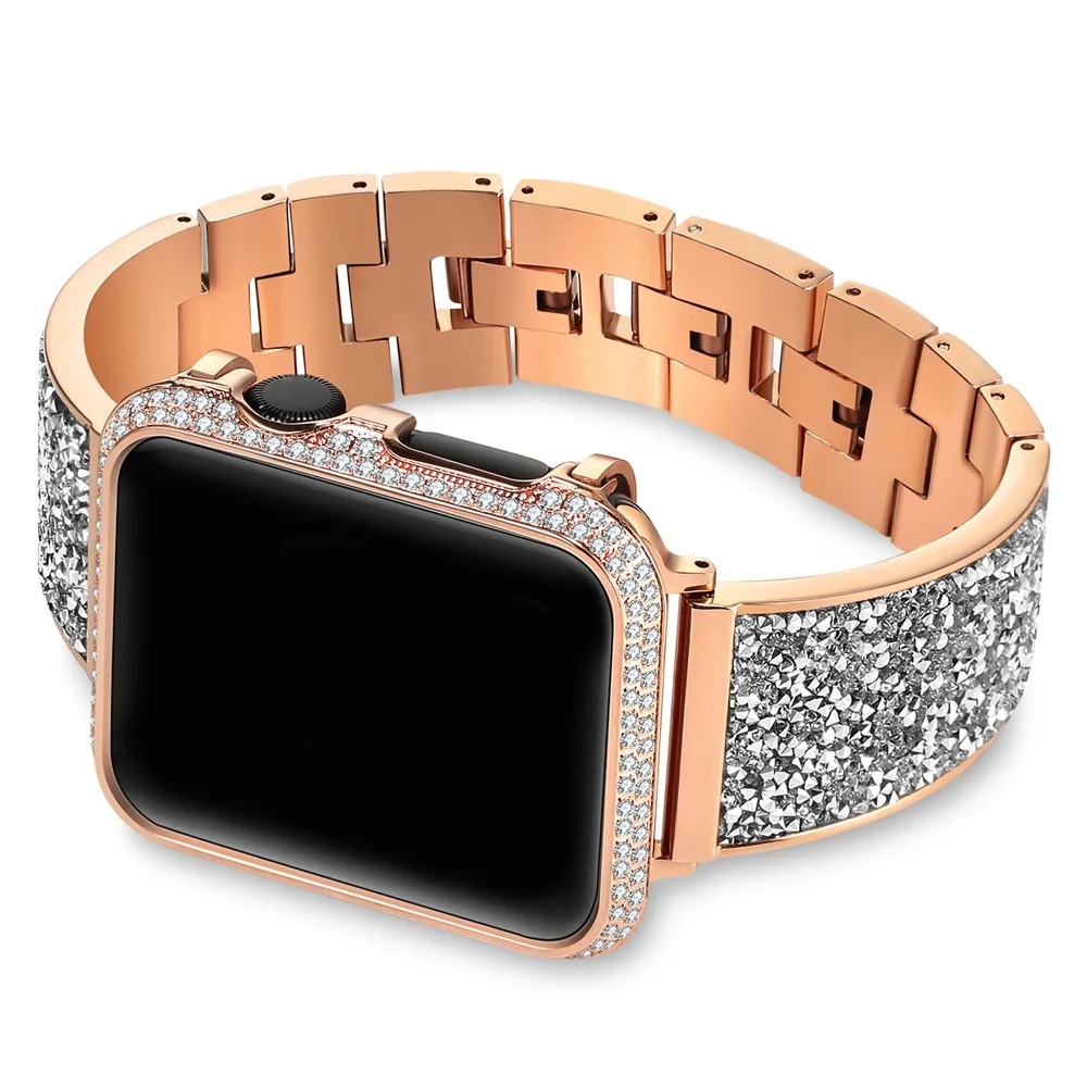 rose-gold Стразы, ремешок с бриллиантом, чехол для Apple Watch, ремешок 42 мм, 44 мм, 40 мм, 38 мм, женский браслет для iWatch, ремешок серии 5, 4, 3, 2, 1 - Цвет ремешка: rose-gold