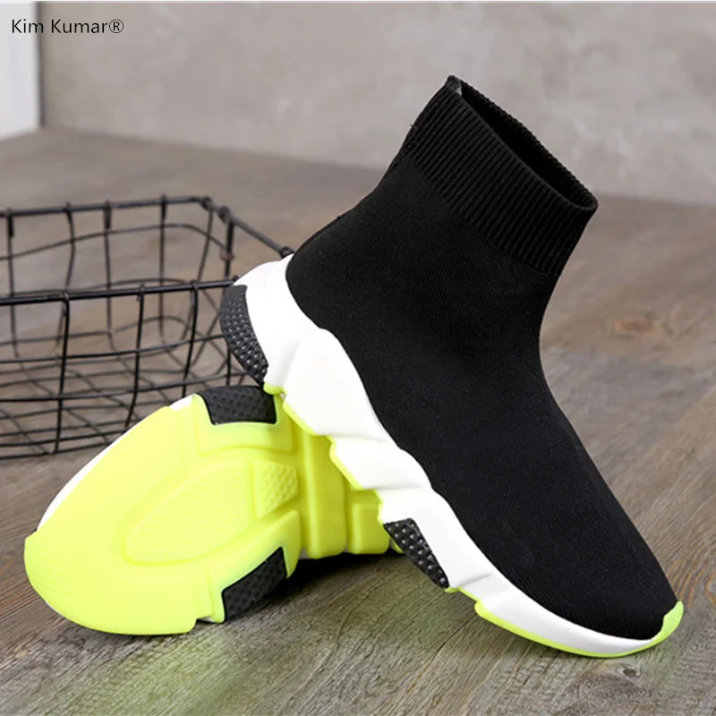 

European station 2019 new fly knitting high top elastic socks boots flat bottom comfortable and versatile barefoot boots for men