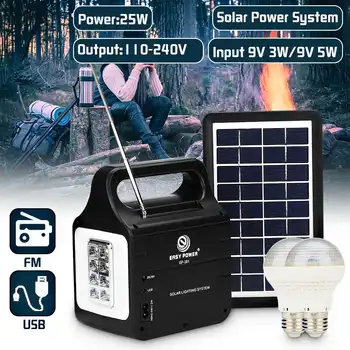 

25W Solar Generator With Solar Power Panel 220V/3A Multi-functional with 2xLED Bulb Solar-charging FM Support Stereo Speaker