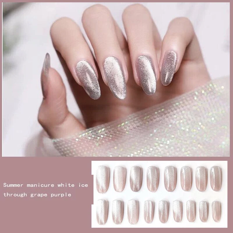 

24pcs Ins Fashion Glitter False Nail Tips Manicure Cat Eye Full Cover Princess Style Ice Cream Pink Fake Nails