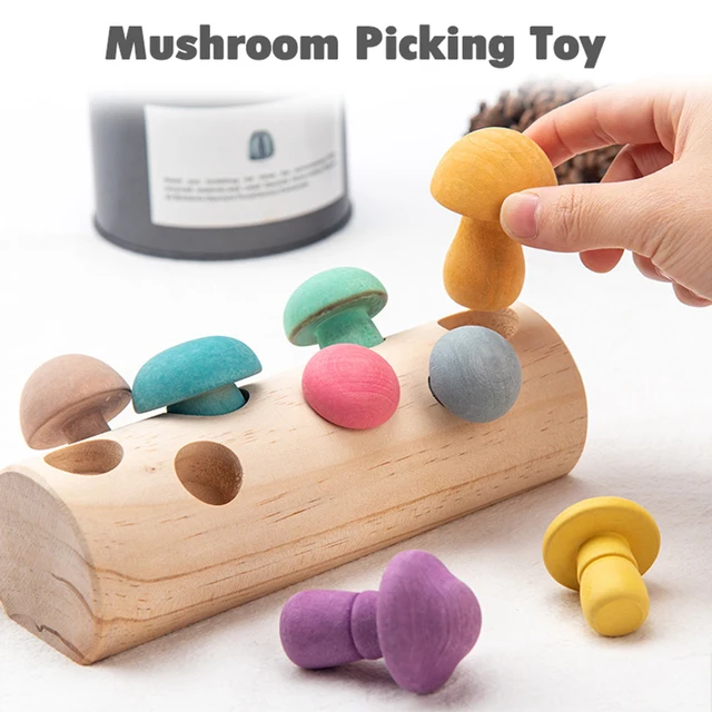 Wooden Rainbow Blocks Mushroom Picking Game Montessori Educational Wooden Baby Toys Developmental Shape Matching Assembly Grasp 2