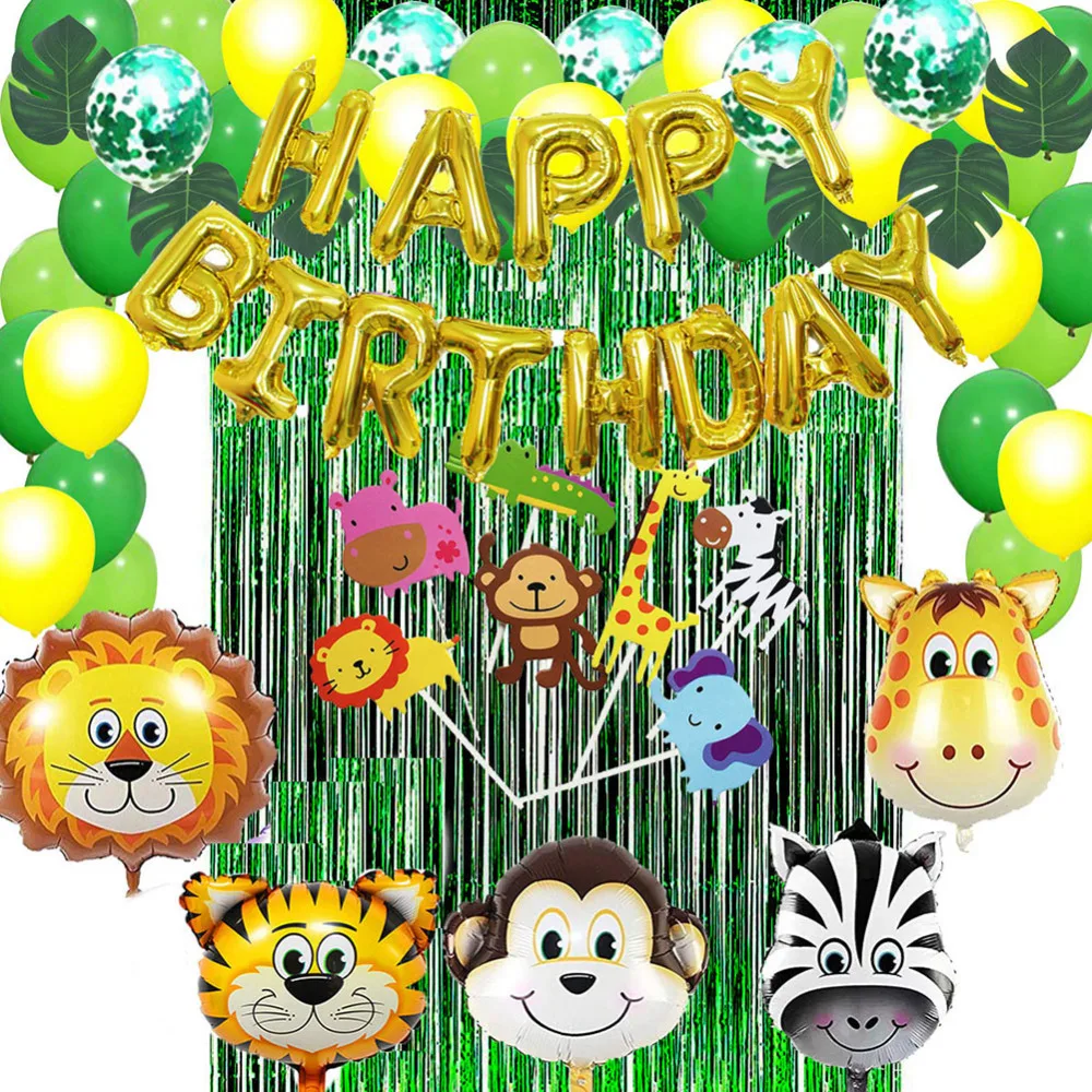 

Kid Jungle Safari Park Theme Birthday Party Decor Foil Balloon Bunting Leaf Birthday Suit Party Decoration Flag Pulling Aluminiu