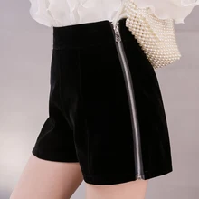 Высокая талия тонкие черные бархатные женские шорты осенние корейские боковые молнии сексуальные шорты женские зимние теплые шерстяные короткие feminino