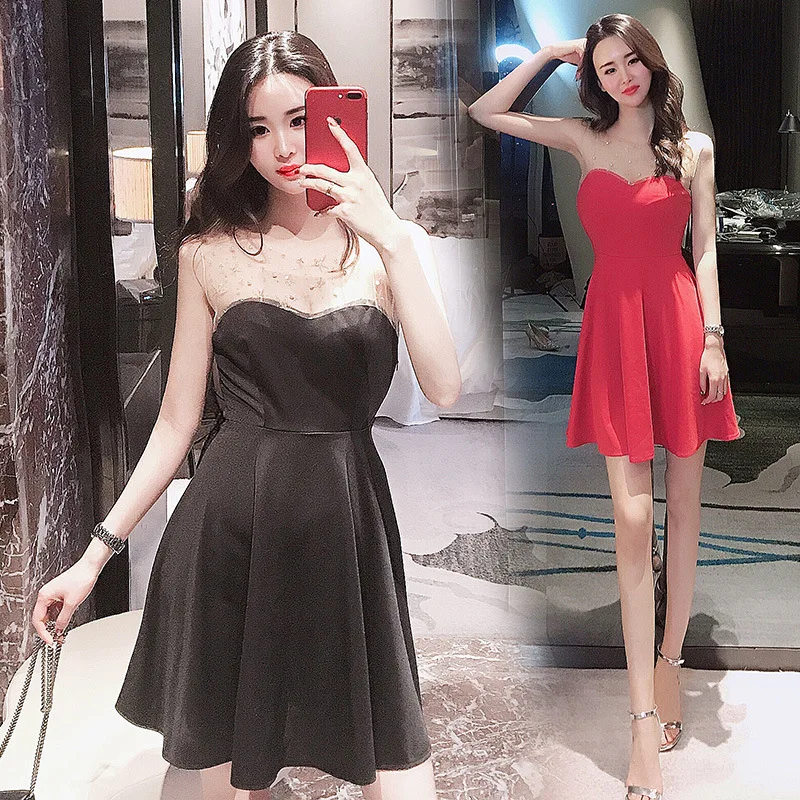 

2019 Summer Wear New Style Korean-style Mock Two-Piece Elegant High Cold Fan WOMEN'S Dress Transparent Gauze Sexy Dress