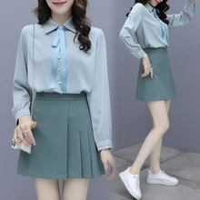 

Fashion 2 Pieces Set Women Spring 2022 Long Sleeve Shirts bowknot chiffon blouse High Waist Pencil Skirts Office Lady Skirt Suit