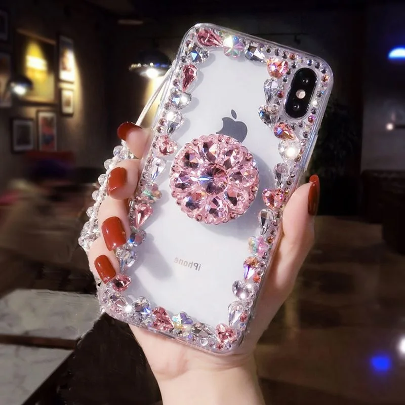 

Glitter diamond 3D holder stand transparent phone case for iphone X XR XS MAX 7 8 6S plus for samsung S8 S9 S10 E Note cover