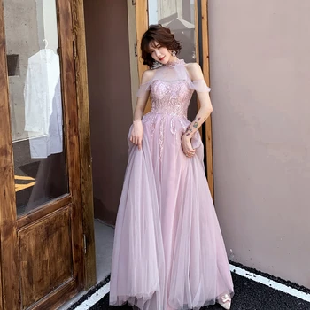 

Sexy Perspective Halter Evening Dress Exquisite Bling Beads Prom Gown Elegant A-Line Mesh Qipao Formal Party Gown Vestido