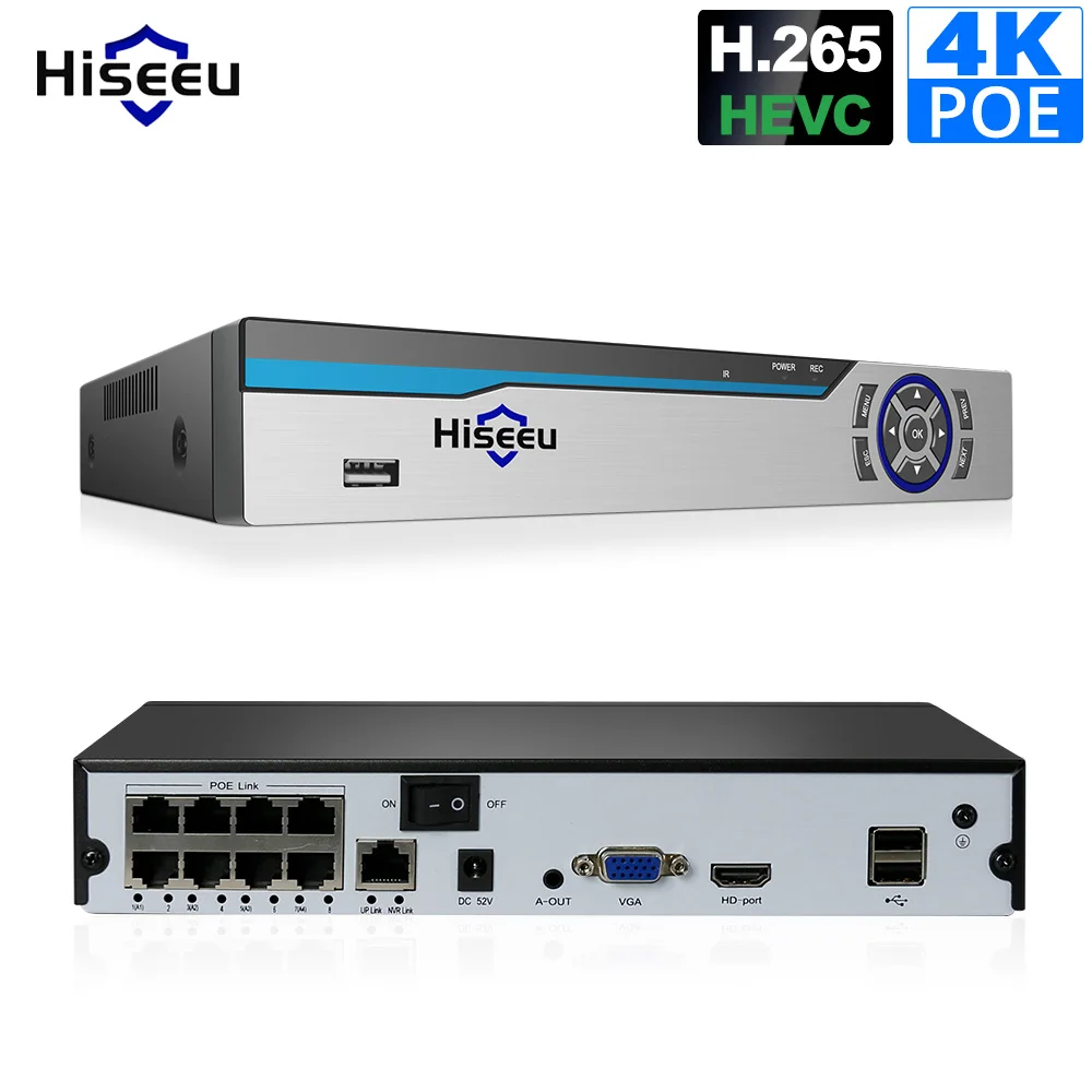 Hiseeu 4K 8CH POE NVR ONVIF H.265 3 5 мм аудио выход видеонаблюдения безопасности видео рекордер