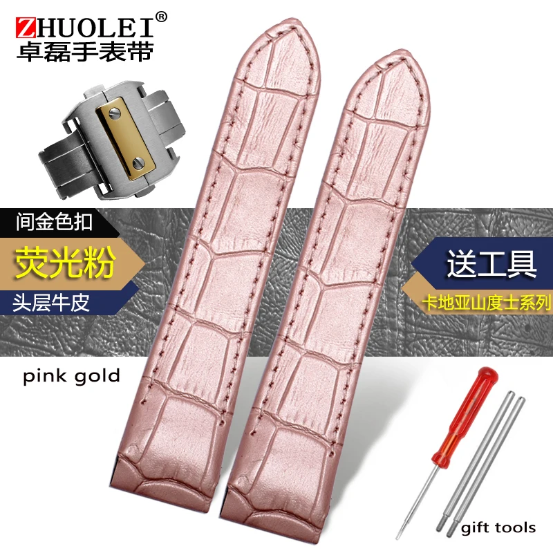 20MM 23MM Crocodile-pattern cowhide strap with butterfly buckle for Cartier Santos men's and women's leather strap - Цвет ремешка: pink gold