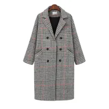 Зимнее шерстяное пальто женское пальто в клетку двубортное карманное пальто свободного покроя плюс размер утолщенное клетчатое длинное шерстяное пальто
