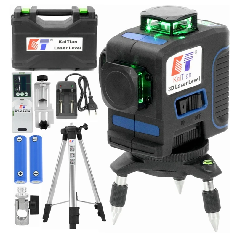 KaiTian 3D Laser Level 360 Powerful 532nm 12 Lines Self-Leveling Horizontal Vertical Green 3D Line Lazer Level Lasers Receiver