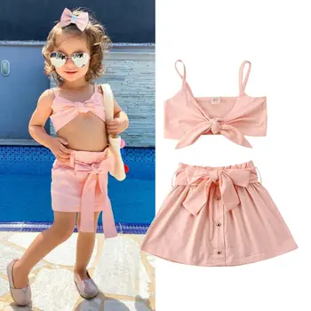 

2020 Baby Girl Clothes Summer Bow Crop Top Vest+Short Skirt 2pcs Outfits Clothes