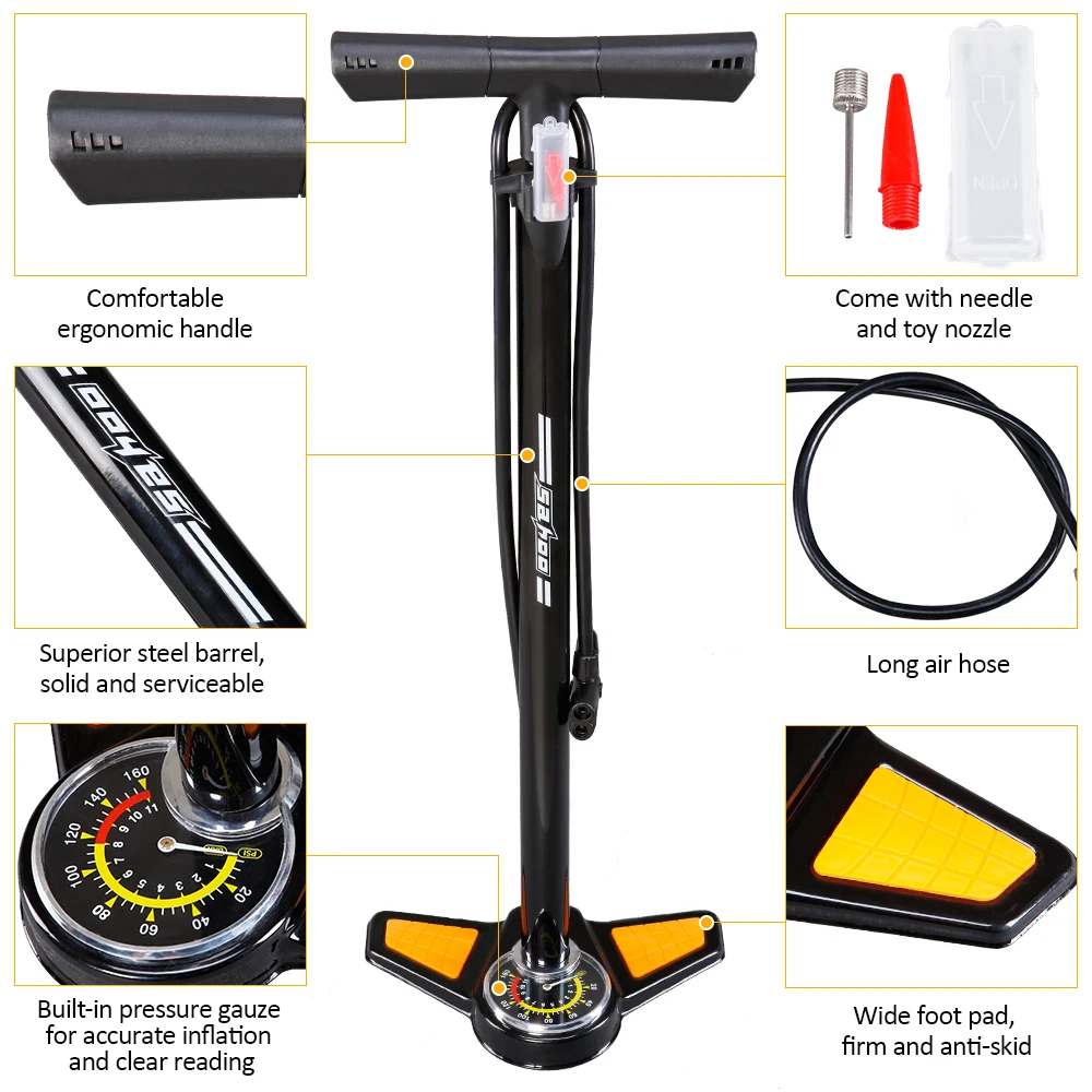 SAHOO велосипед напольный насос 160PSI ножной велосипедный насос MTB дорожный велосипед напольный насос Presta Шрейдер клапан ручная шина насос с манометрами