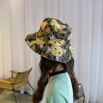 

Harajuku Style Cotton Graffiti Bucket Hats Travel Sunscreen Sun Hats for Women Casual Fashion Double-sided Cat Print Hats