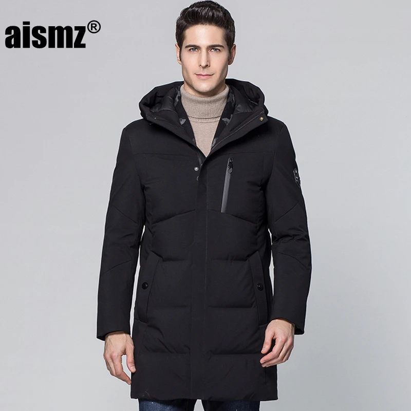 Aismz зимняя куртка для мужчин Casaco Masculino деловые повседневные Длинные теплые пуховики на утином пуху шарф стиль водонепроницаемый с капюшоном пальто