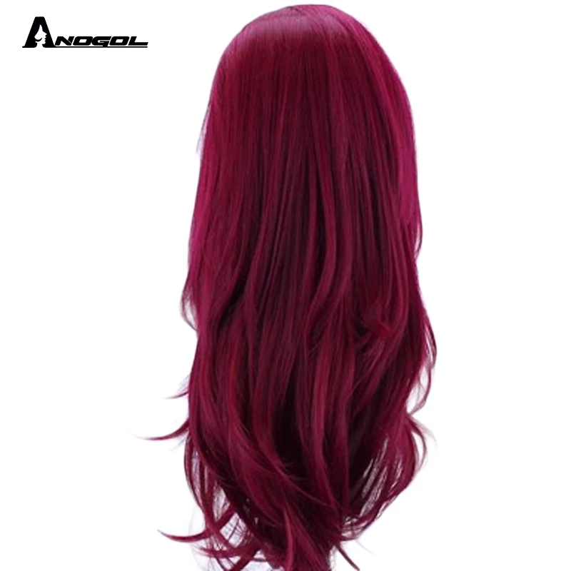 Anogol Burgundy Synthetic Lace Front Wig Long Natural Wave High Temperature Fiber For Women High Temperature Fiber Hair Wigs