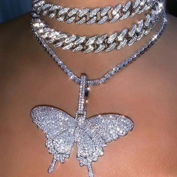 Iced out sparking bling cz Розовый мизинец женское колье ювелирные изделия 5 мм cz теннисная цепь хип-хоп прохладный розовый cz бабочка кулон ожерелье
