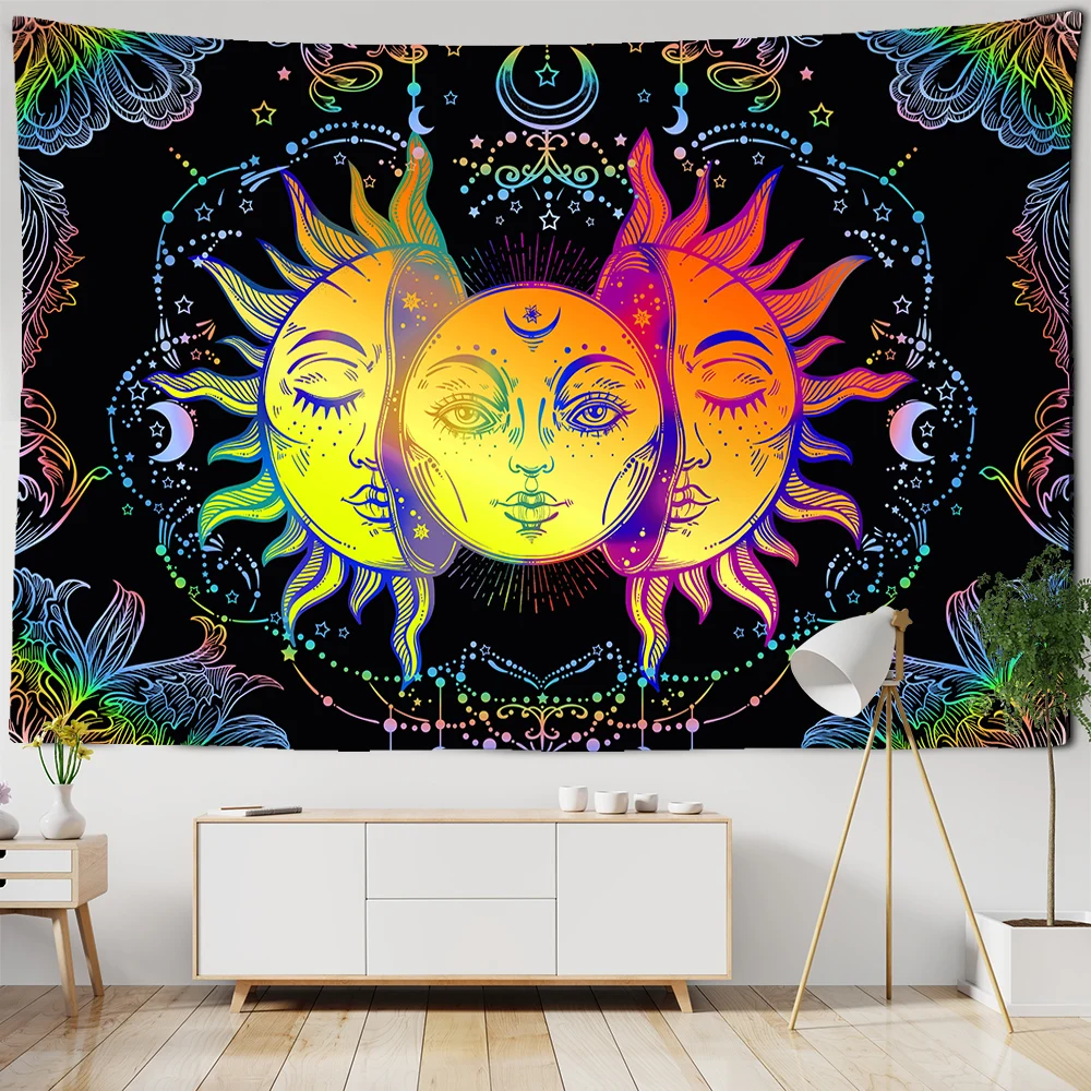 Tapiz de Mandala de Luna y sol de colores, tapiz colgante de pared Celestial, alfombras de pared Hippie, decoración de pared para dormitorio, color blanco y negro
