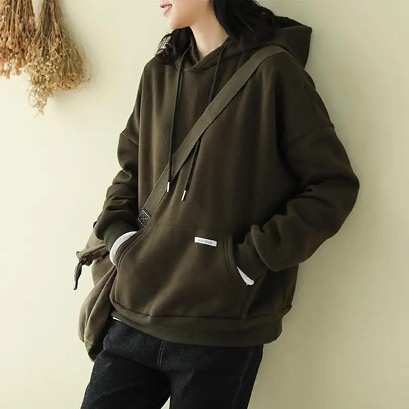 Johnature Autumn Winter Solid Color Hooded Pullover Cotton Fleece Sweatshirt New Comfortable All-match Women Sweatshirt - Цвет: Армейский зеленый