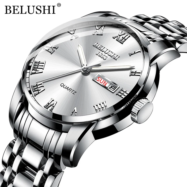 BELUSHI Top Brand Luxury Mens Watches Luminous Waterproof Stainless Steel Watch Quartz Men Date Calendar Business Wristwatch Silver