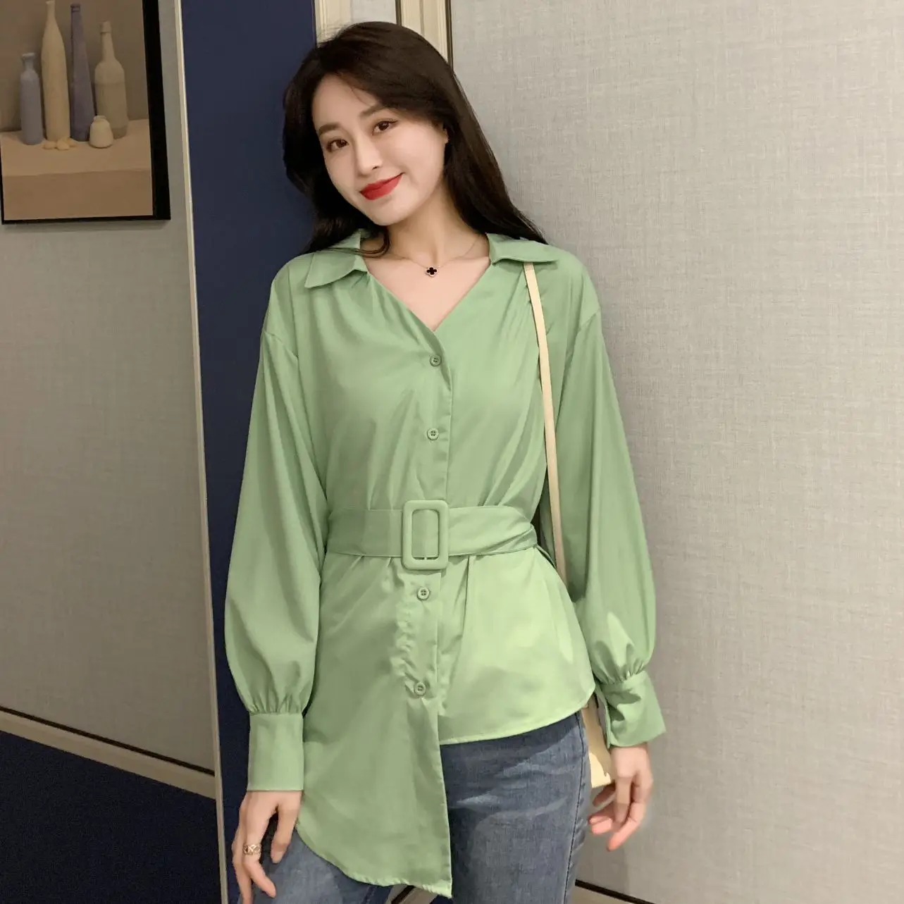 New Autumn Women Shirts Full Sleeve Loose Irregular Web Celebrity Blouse Shirt White Green Black 1702