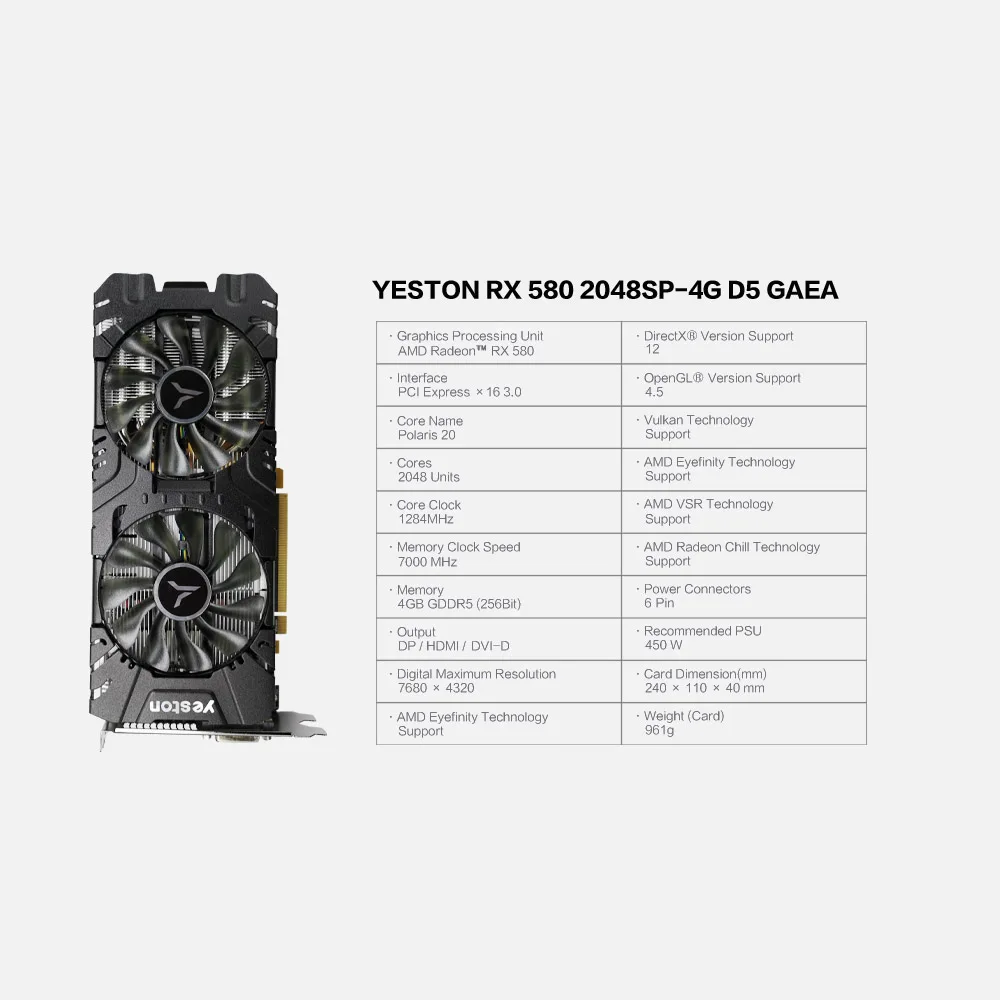 Yeston RX580 2048SP 4G desktop computer gaming game office 580 graphics card 8G