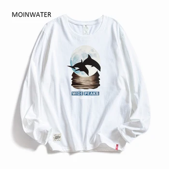 

MOINWATER Women White Cotton T shirts Lady Fashion Print O-neck Long Sleeve Tops Female Soft Tees Women's Black T-shirt MLT1913