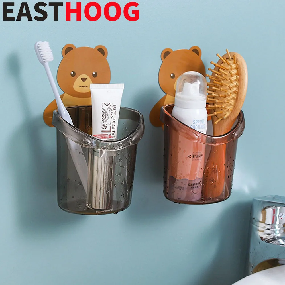 

Cute Bear Design Wall Mounted Self Adhesive Plastic Toothbrush Soap Storage Cup Box Bathroom Kitchen Storage Box
