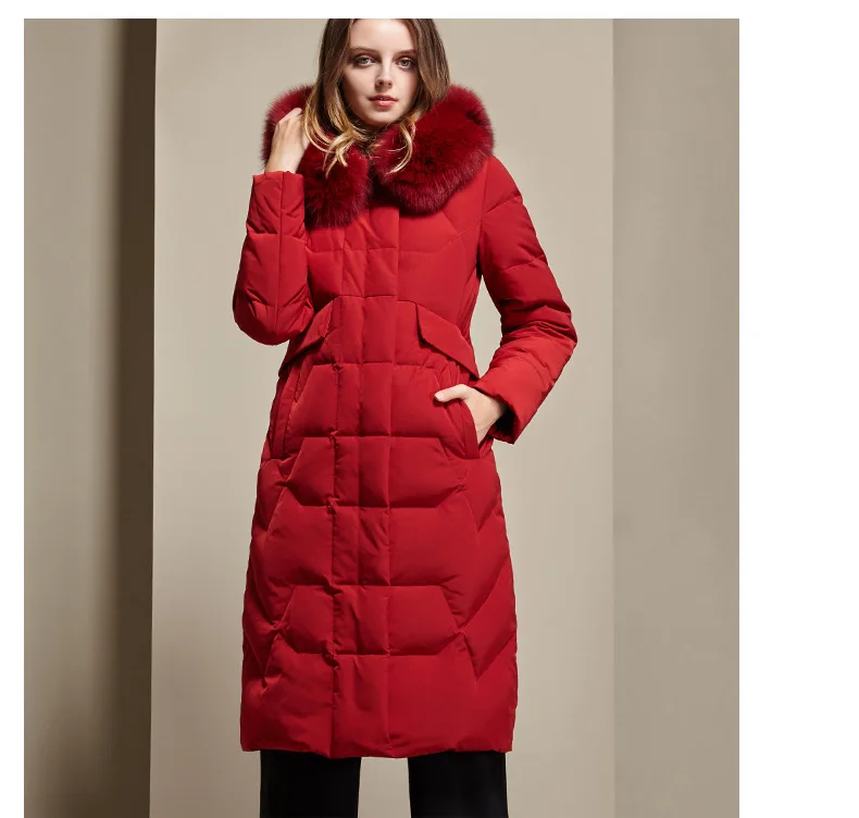 autumn and winter new solid color long-sleeved hooded down jacket fox fur collar loose casual long down jacket women