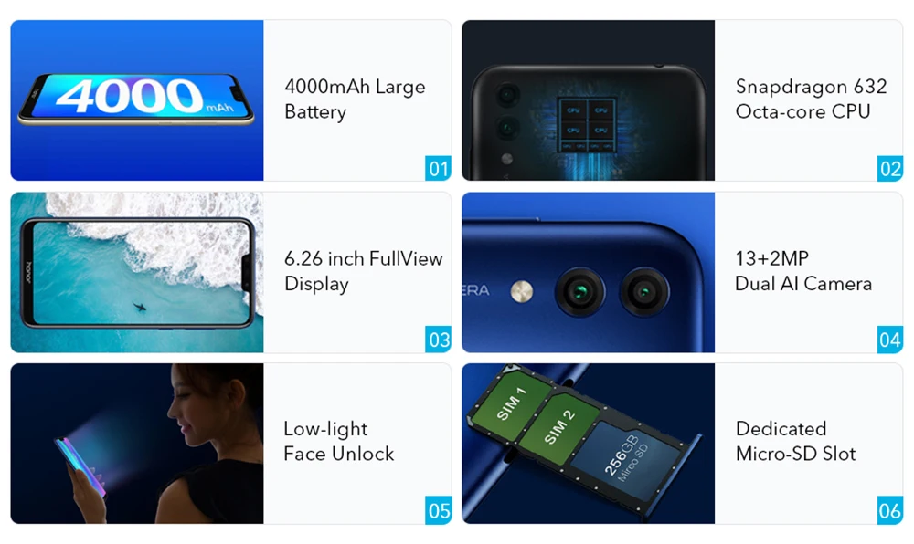 Смартфон Honor 8C 8 C Google Play, Восьмиядерный процессор Snapdragon 632, 3 слота для распознавания лица, 6,26 дюйма, фронтальная камера 4000 МП, двойная камера заднего вида, мАч