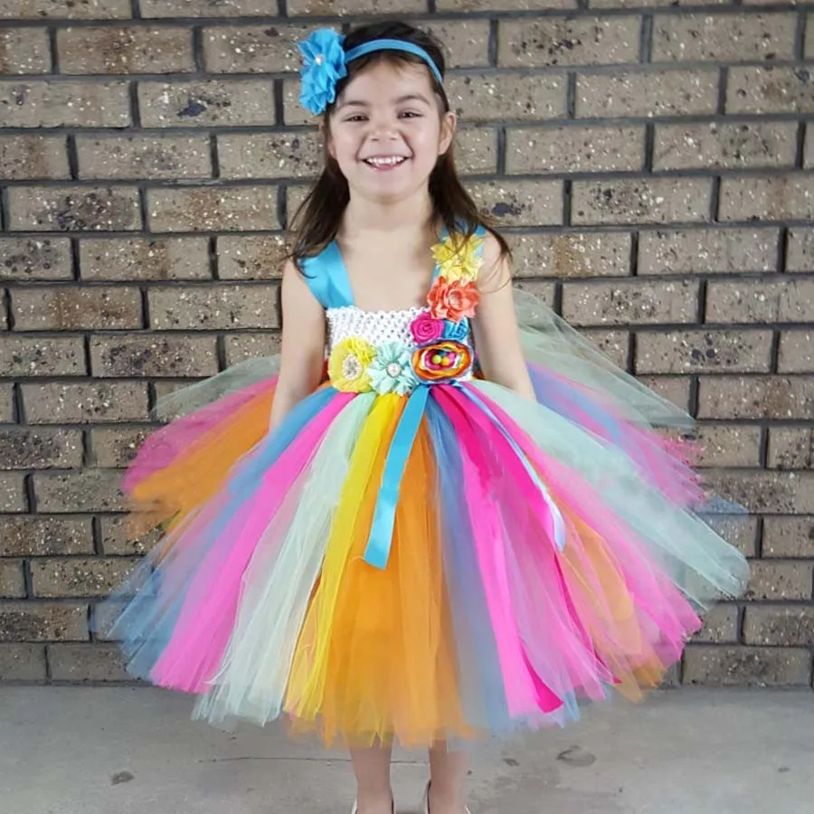 

Girls Rainbow Multicolor Flower Tutu Dress Kids Crochet Tulle Dress Ball Gown with Hairbow Children Birthday Party Costume Dress