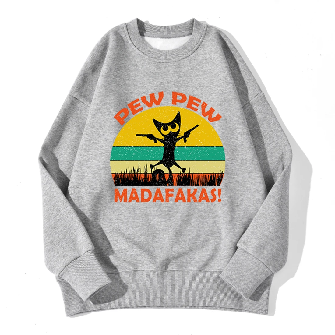 

Creative Striped Black Cat Letter Print Sweatshirt Winter Women's Long-sleeved Fleece Warm Round Neck Pullover Casual Loose Top