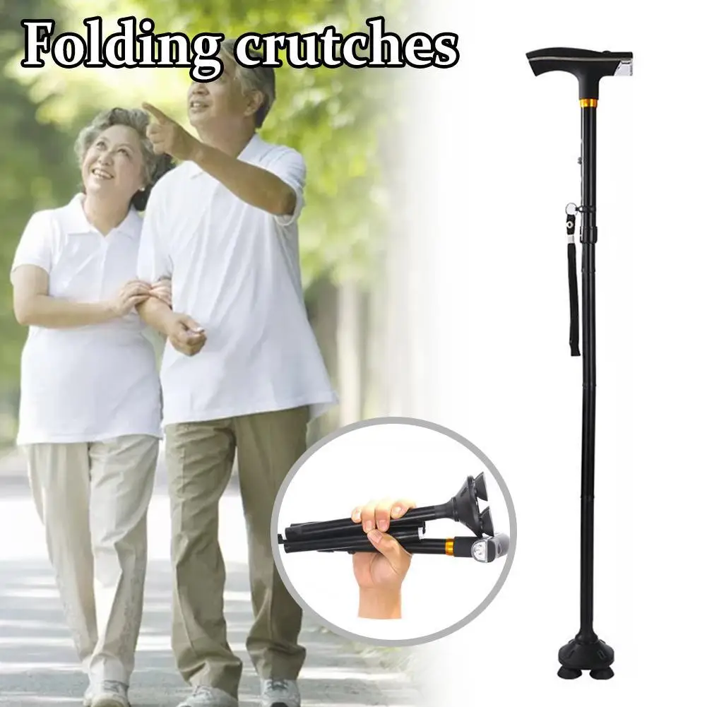 LED Light Walking Stick For Old Man Telescopic Folding Trekking Poles T-handle Hiking Poles Cane Walking Stick For Elders Crutch
