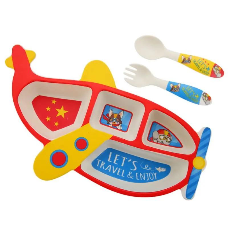 Забавная разделенная посуда для кормления малышей; милая посуда в форме самолета; нескользящие обеденные тарелки; миски; ложка; Forkks