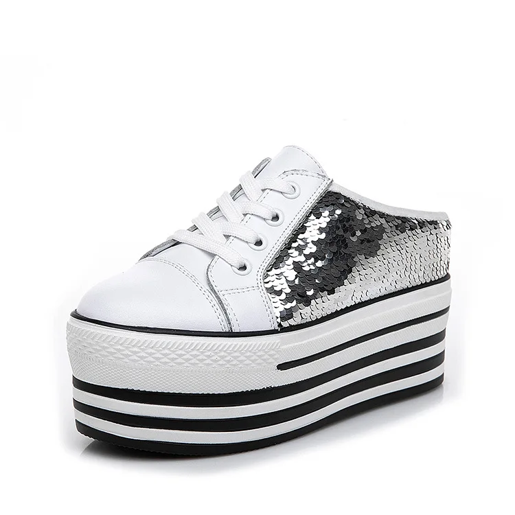 Tleni/Коллекция года; Модные женские кроссовки с блестками; дышащие тапочки baotou; прогулочная обувь, увеличивающая рост; ZD-198 - Цвет: Белый