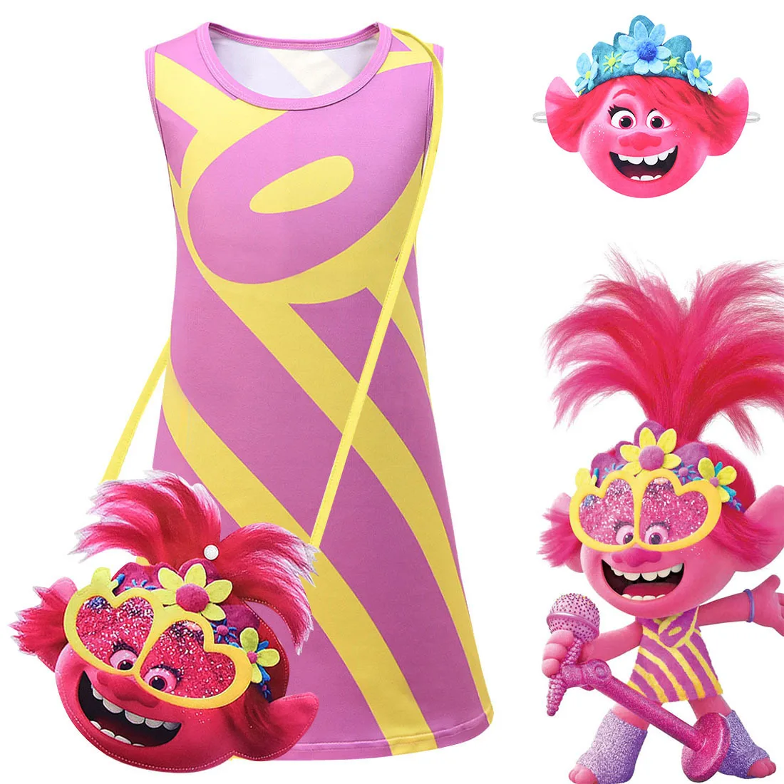 Costume Di Carnevale Di Natale Trolls Party For Kids Poppy Lace Dress Bag Neonate Vestiti Bambini Trolls Mask Birthday Vestidos